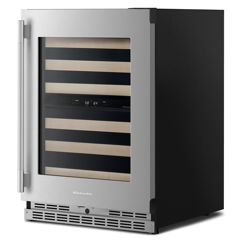 24-inch undercounter wine cellar with wood-front racks, stainless steel frame, and digital temperature display in KitchenAid appliances collections