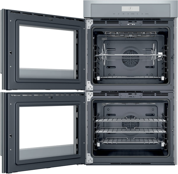 Open double wall oven with multiple racks and rotisserie feature from Thermador Appliances collection