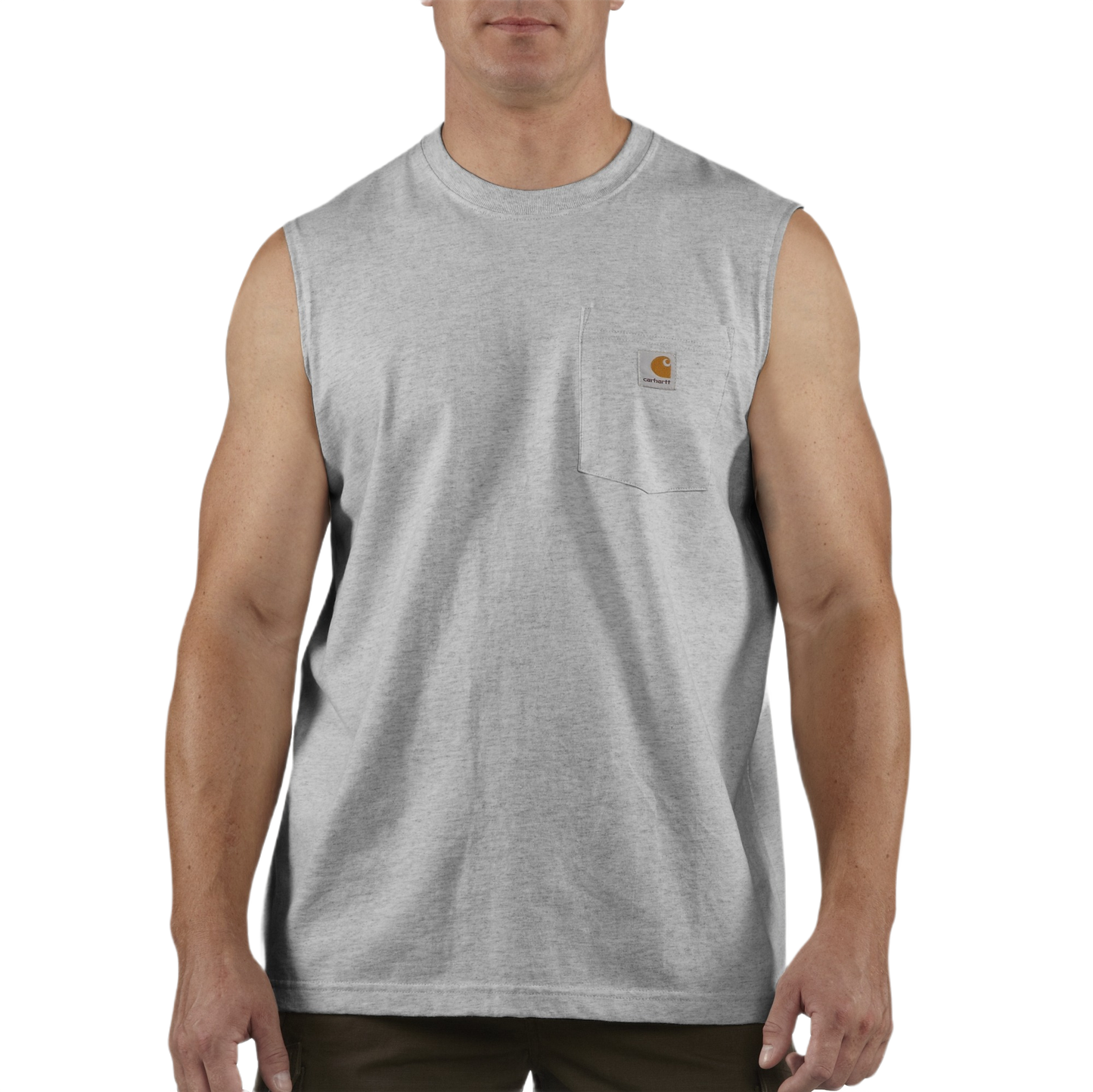 Men's large heather gray sleeveless tank with chest pocket, sturdy cotton fabric for casual or workwear collections