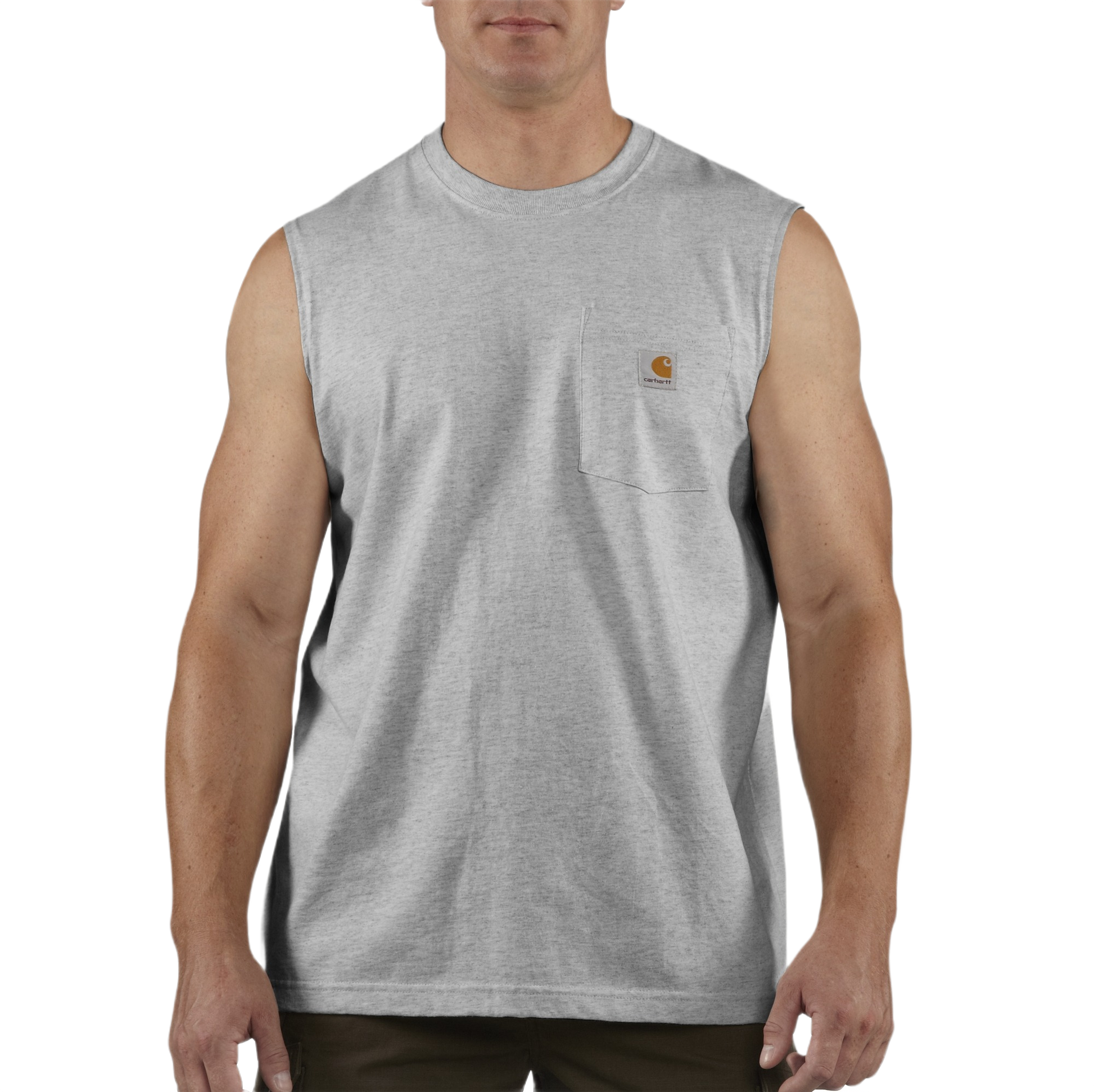 Men's large heather gray sleeveless tank with chest pocket, sturdy cotton fabric for casual or workwear collections
