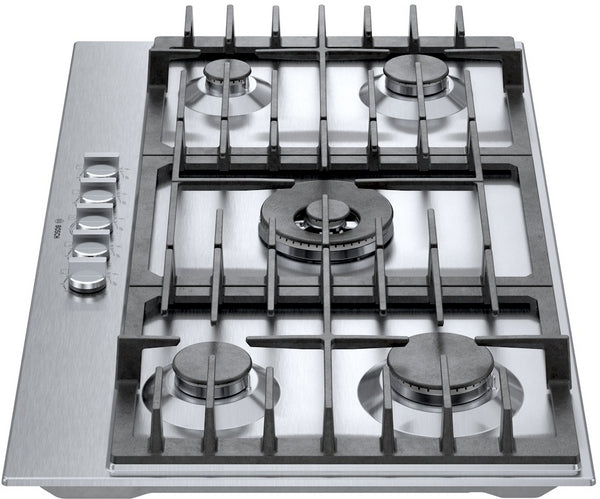 Top view of stainless steel gas cooktop with five burners and black grates for kitchen and home improvement use