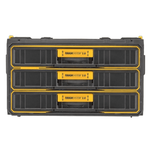 Black and yellow three-drawer storage unit with ball-bearing slides for jobsite tool organization and workshop storage