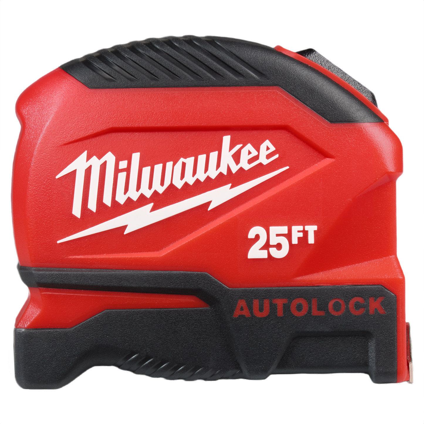 Compact red and black 25-foot tape measure with auto-lock feature for tools and home improvement tasks
