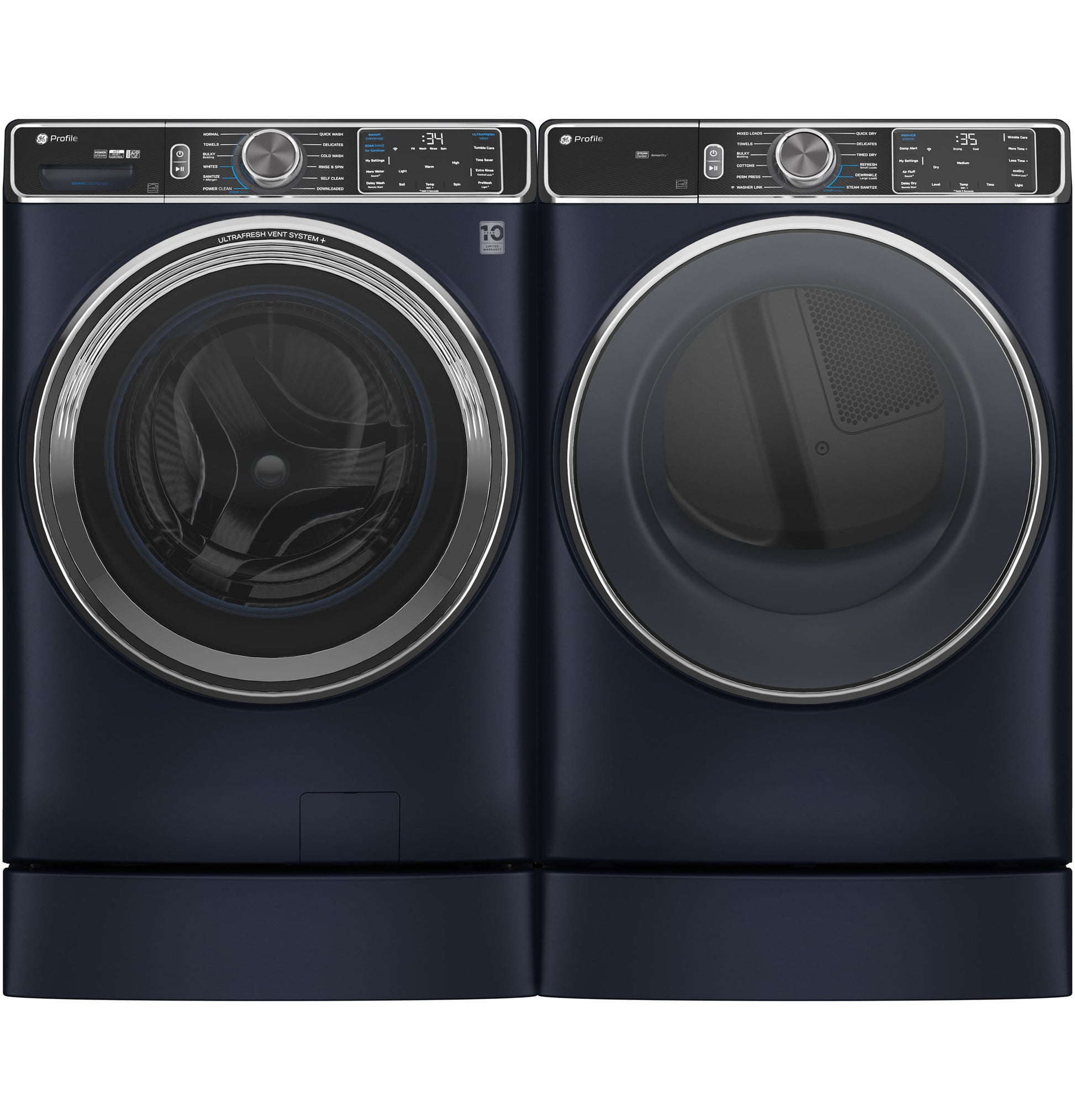 Pair of dark blue front-load washer and dryer units on matching risers in appliance parts and home improvement collections