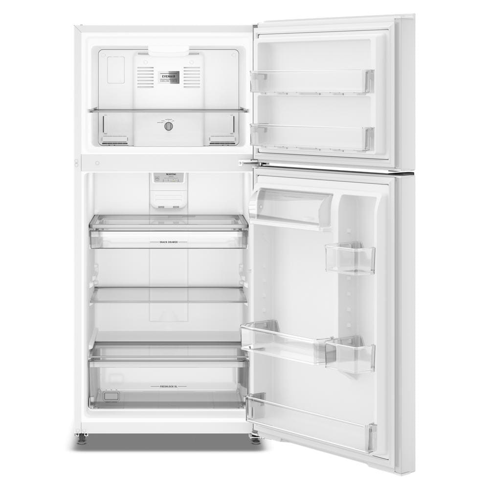 White top-freezer refrigerator with open doors showing adjustable shelving and door storage in kitchen appliance collection