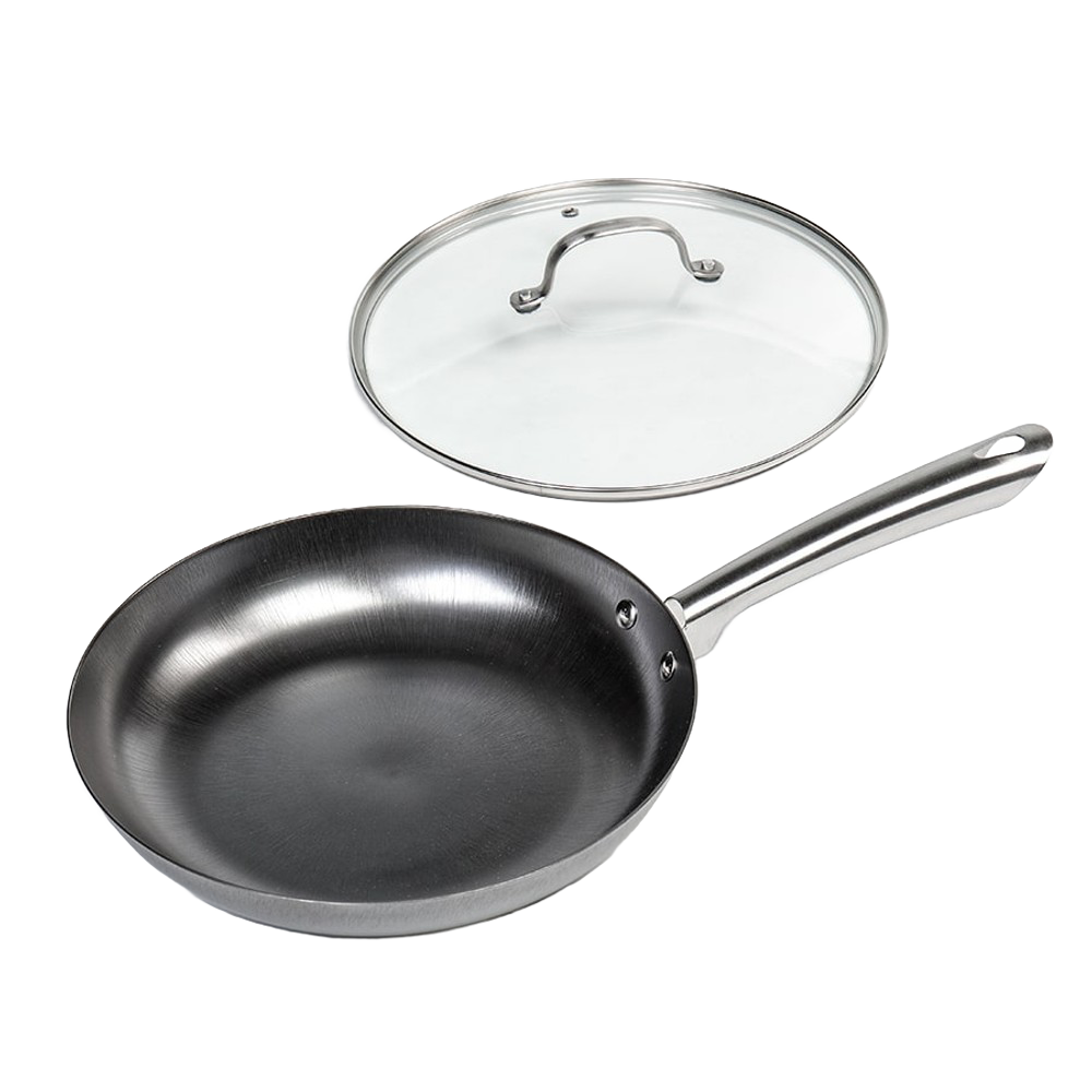 Black nitrogen-hardened cast iron skillet with stainless steel handle and clear glass lid for kitchenware collections