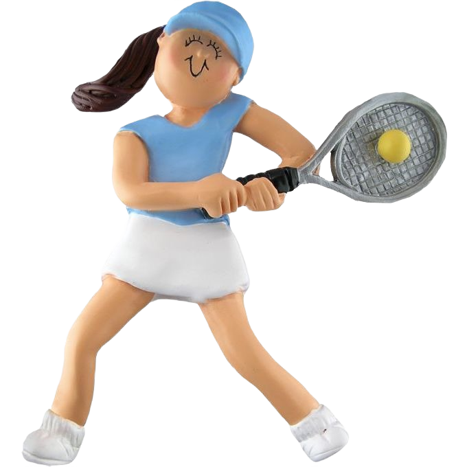 Brunette female tennis player figurine ornament in blue top and white skirt holding racket with yellow ball in Christmas collection