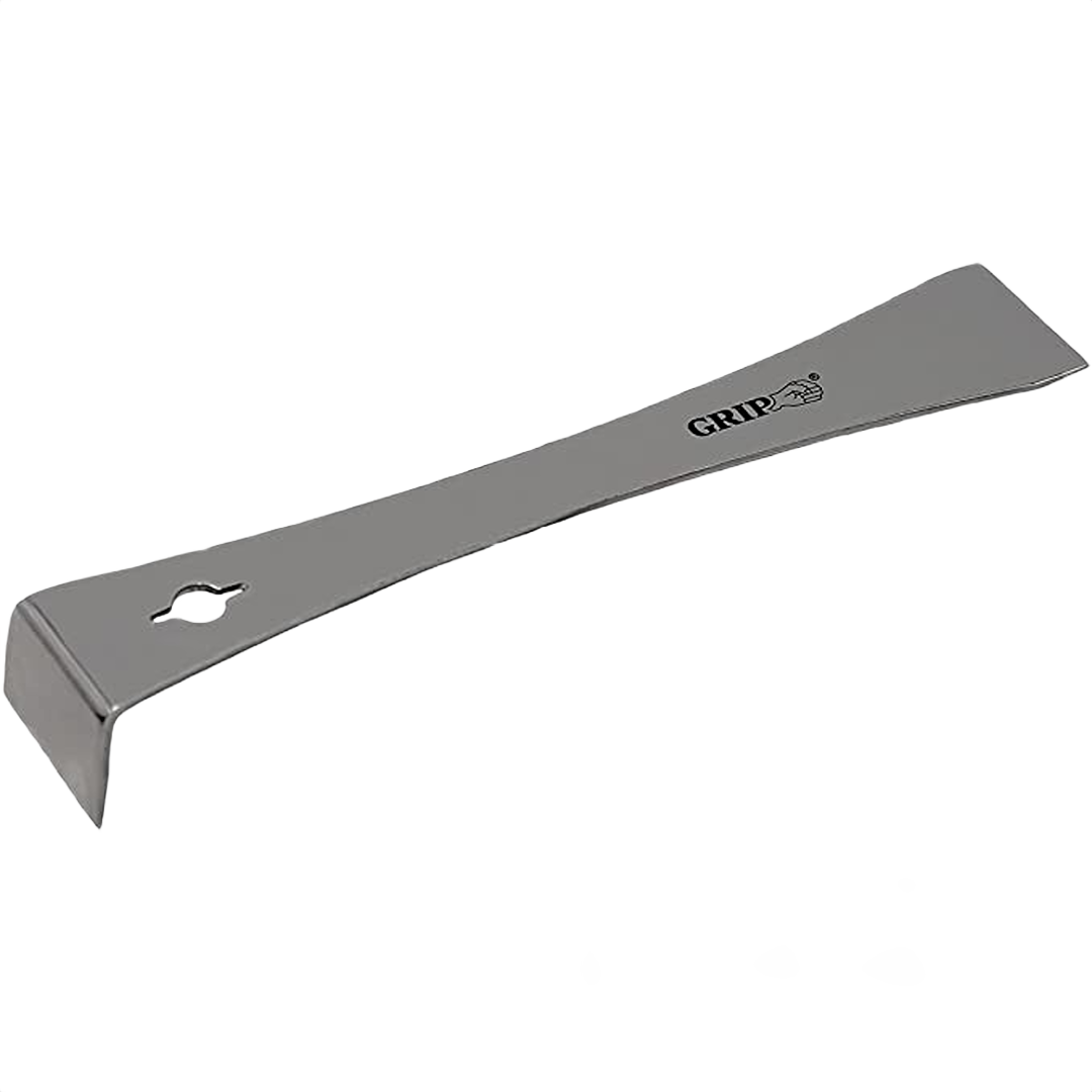 Compact stainless steel pry bar with tapered flat end and angled claw for home improvement and tool use