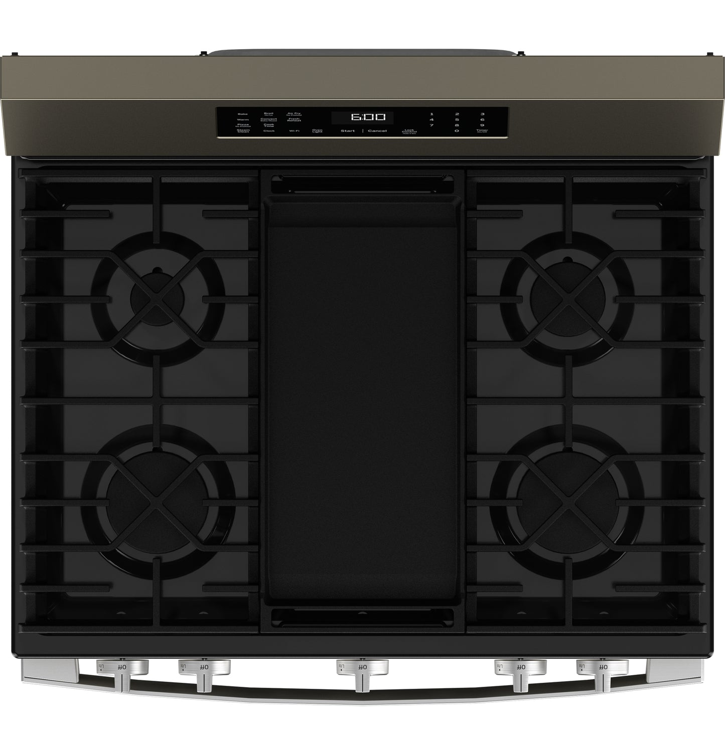 Top view of GE free-standing gas range with four burners, digital controls, and EasyWash™ oven tray in kitchen appliance collection