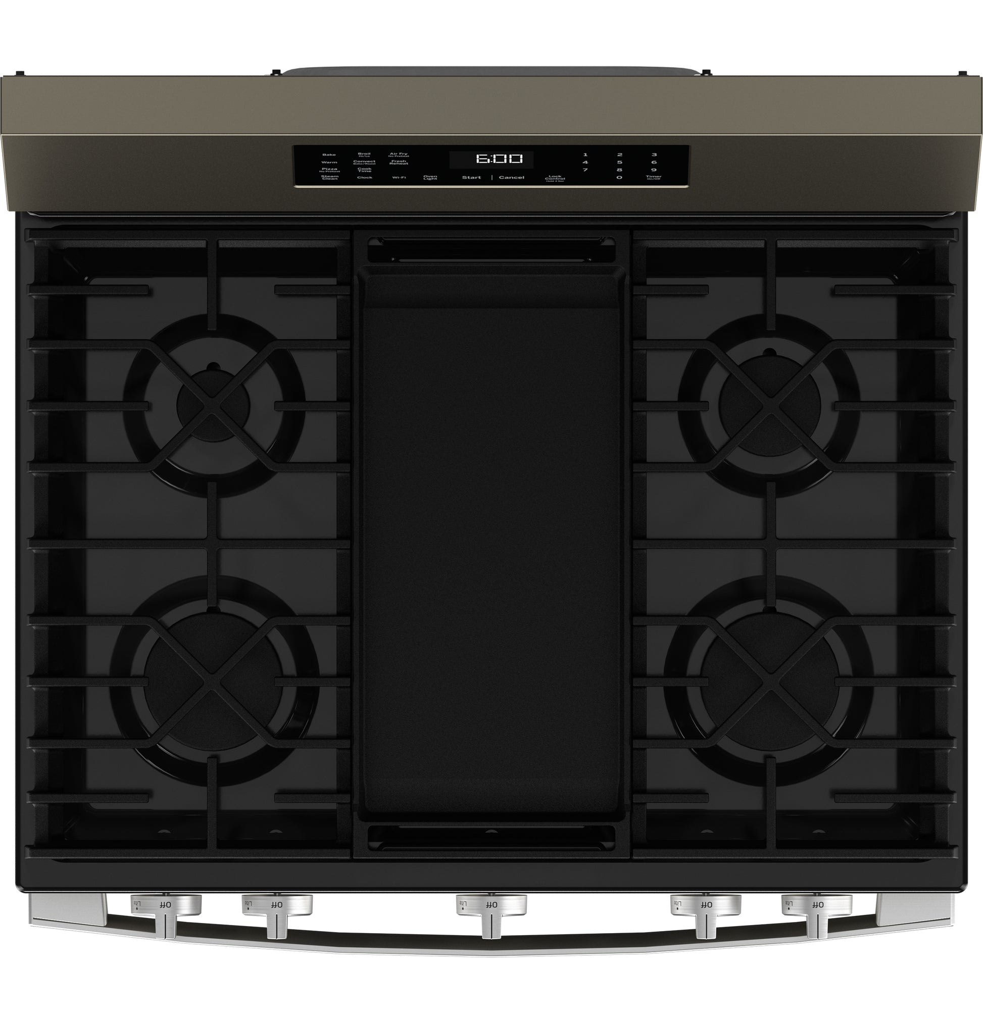 Top view of GE free-standing gas range with four burners, digital controls, and EasyWash™ oven tray in kitchen appliance collection