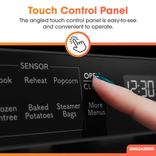 Close-up of black angled microwave drawer touch panel with finger pressing open/close button in appliances collection