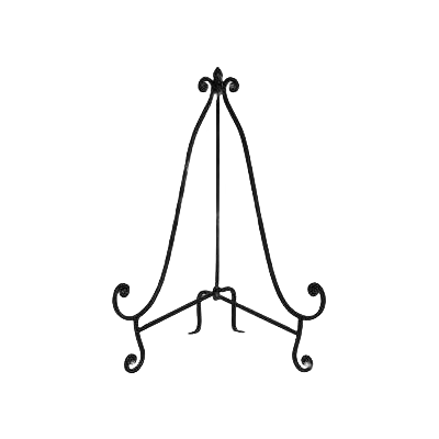 Black metal folding easel with curved decorative legs for displaying plates or small frames under $50 collection
