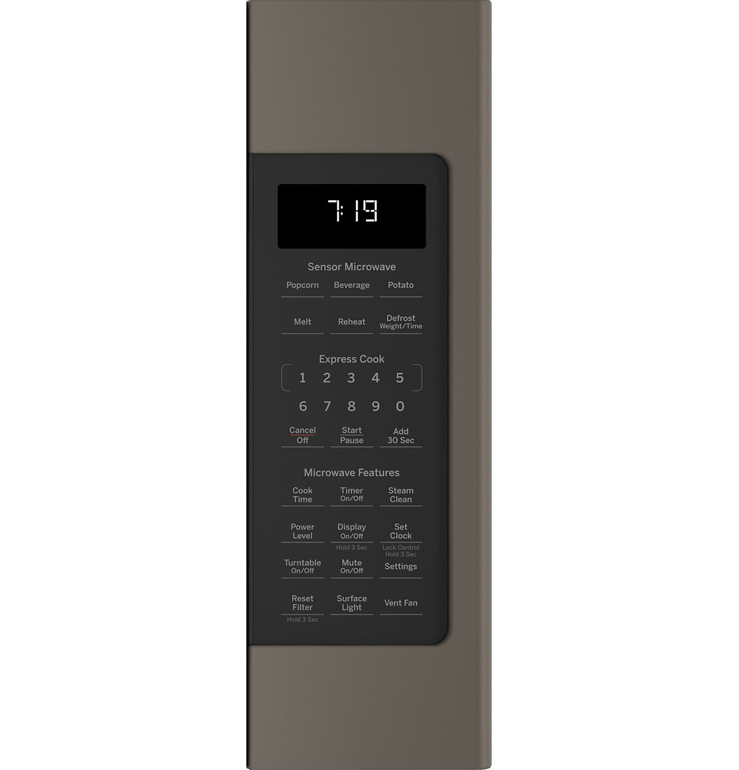 Digital control panel of sensor microwave showing cooking options and timer for kitchen appliances collection