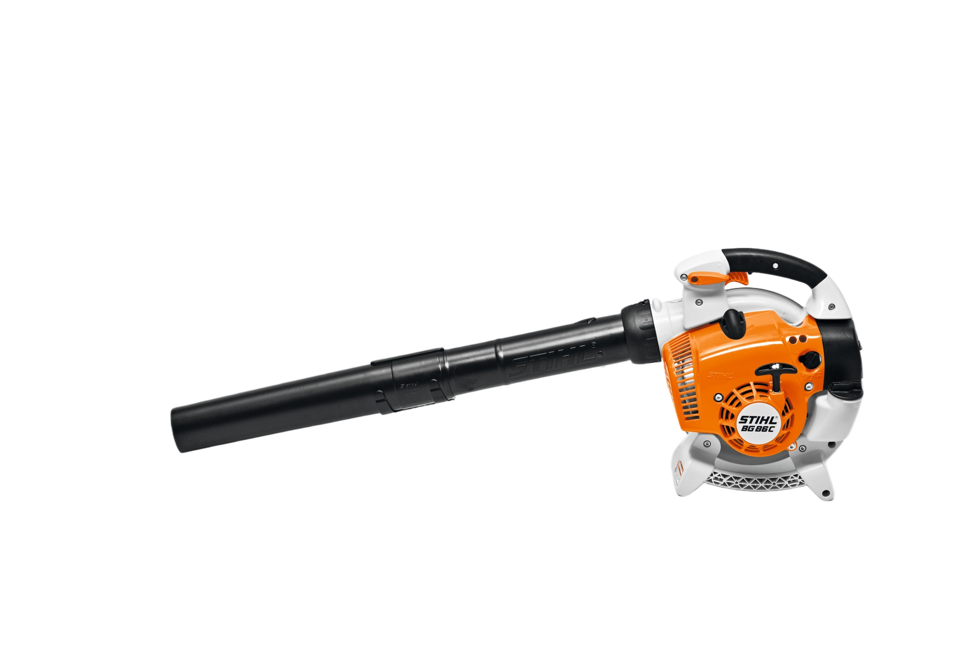 Orange and white gas-powered handheld blower with long black nozzle for outdoor tools and home improvement tasks