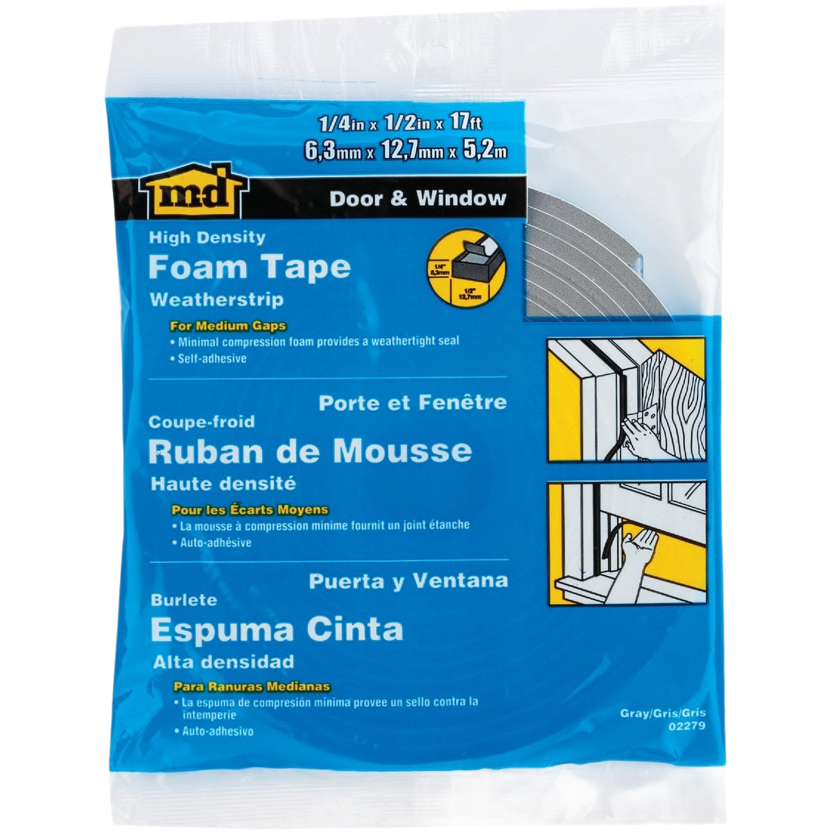 Gray high-density closed foam weatherstrip tape roll for sealing doors and windows in home improvement projects
