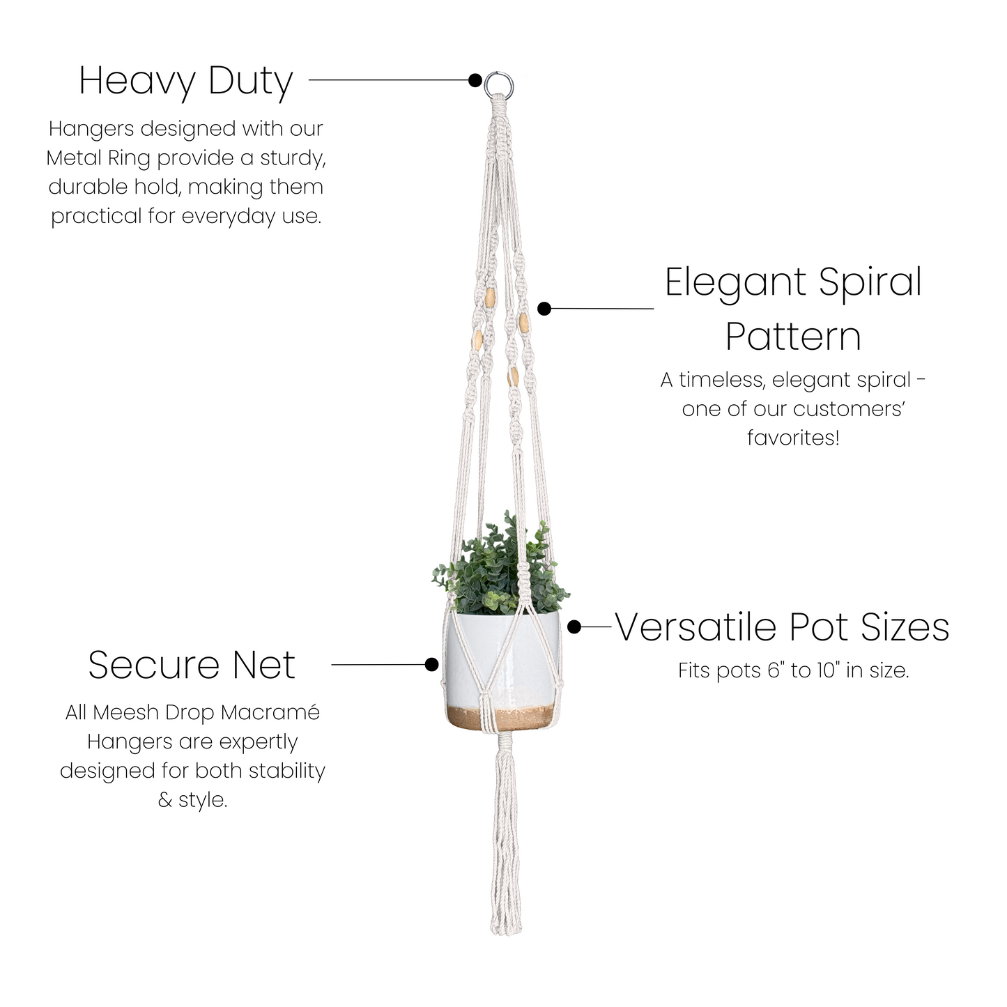 Natural cotton macrame plant hanger with spiral design, metal ring, and secure net for home accents and decor under $50