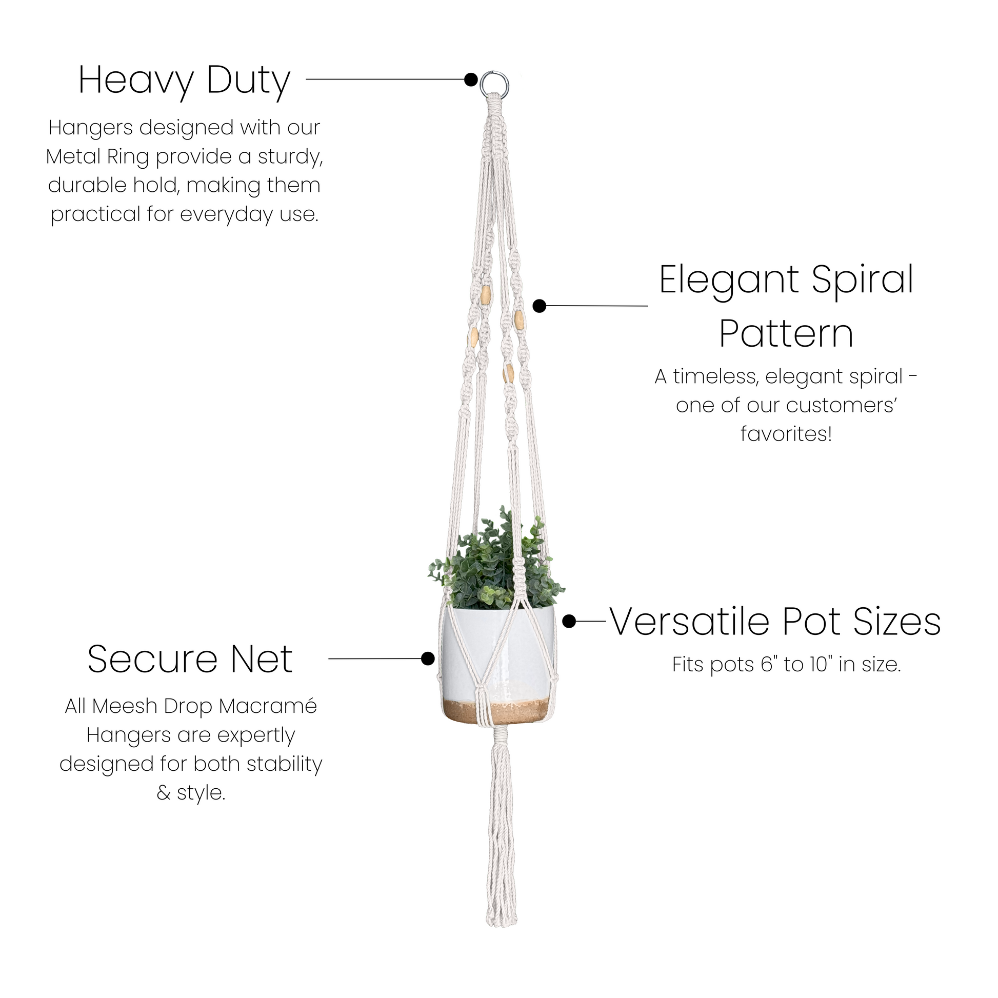 Natural cotton macrame plant hanger with spiral design, metal ring, and secure net for home accents and decor under $50
