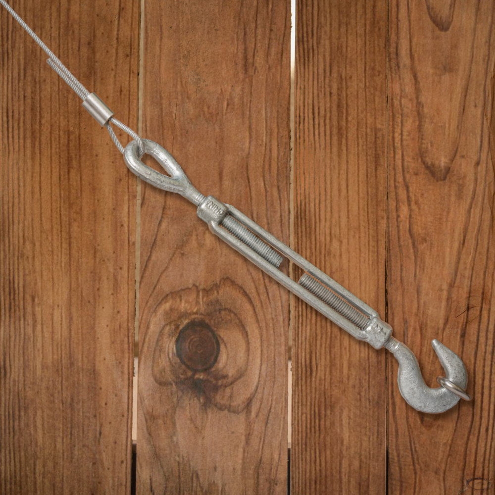 Galvanized steel hook and eye turnbuckle for tension control in storage, garage, and home improvement projects under $50