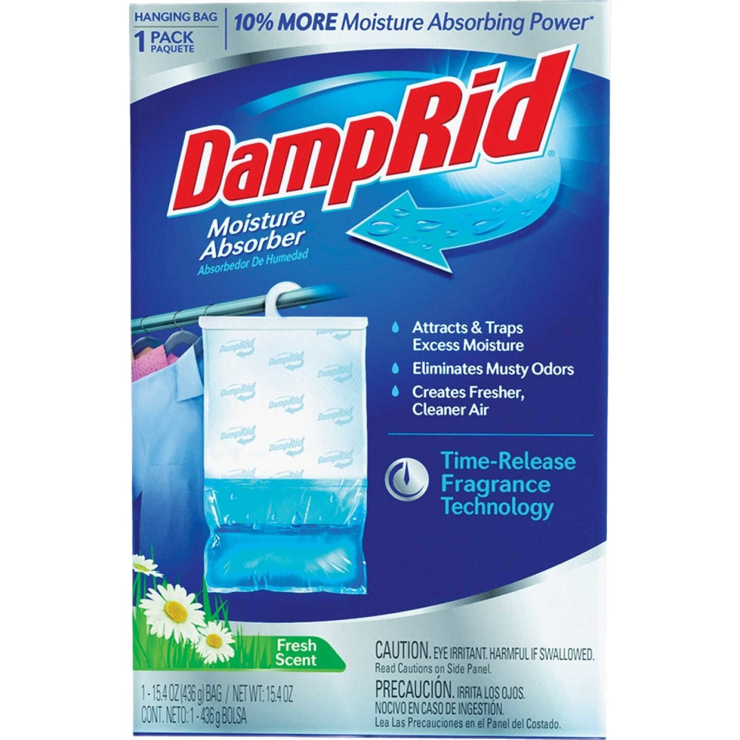 Hanging moisture absorber bag with fresh scent for reducing dampness and odors in household cleaning and home improvement tasks