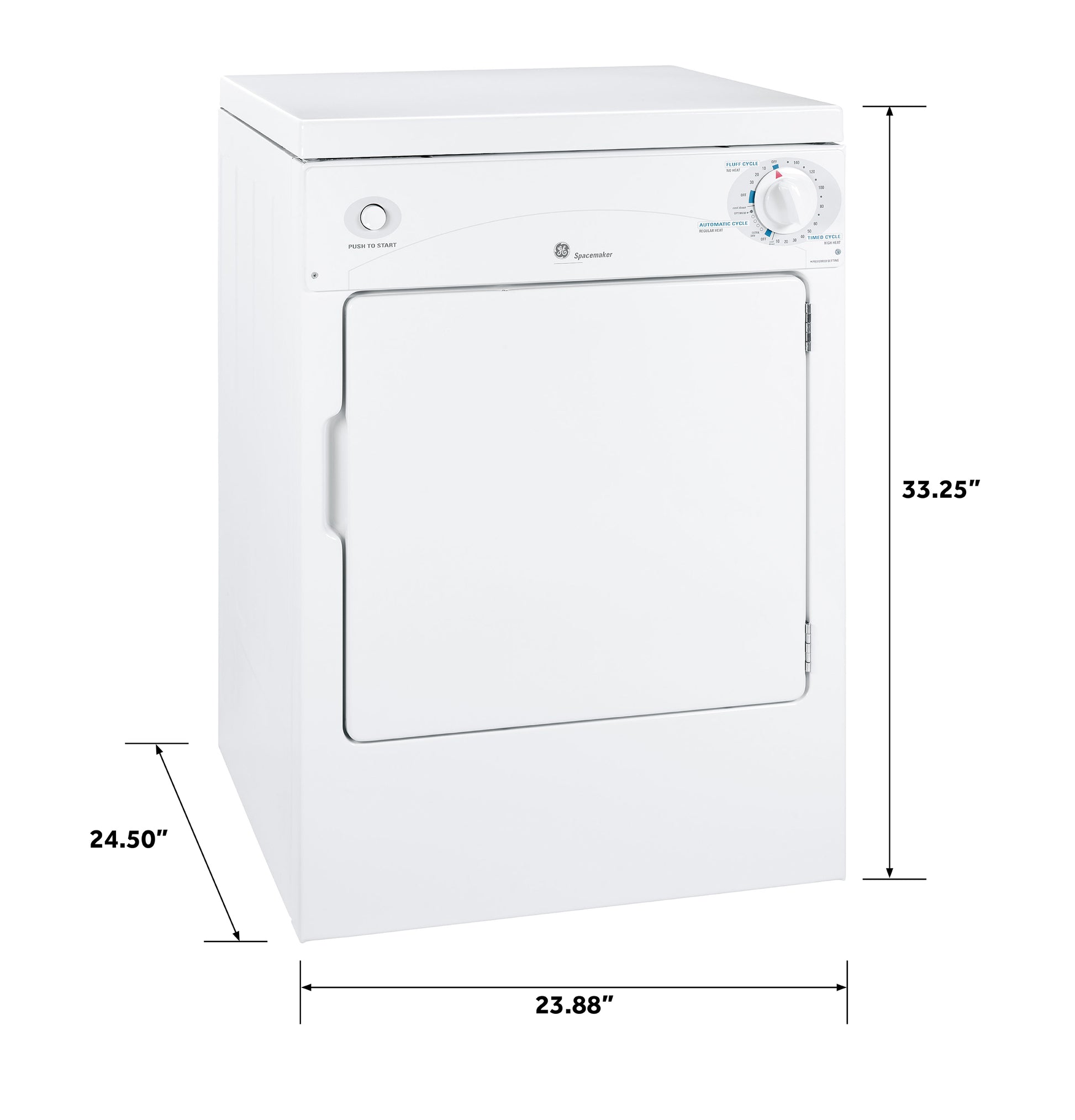 White compact electric dryer with front door and rotary dial controls for small laundry spaces in appliances collection