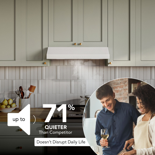 White under cabinet range hood with push button controls and quiet operation for kitchen ventilation in under cabinet range hoods collection