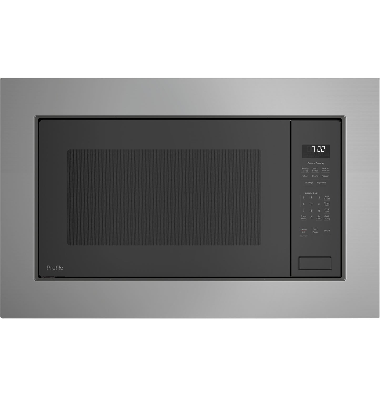Built-in stainless steel trim kit framing a black microwave with digital controls in kitchenware and appliance parts collections