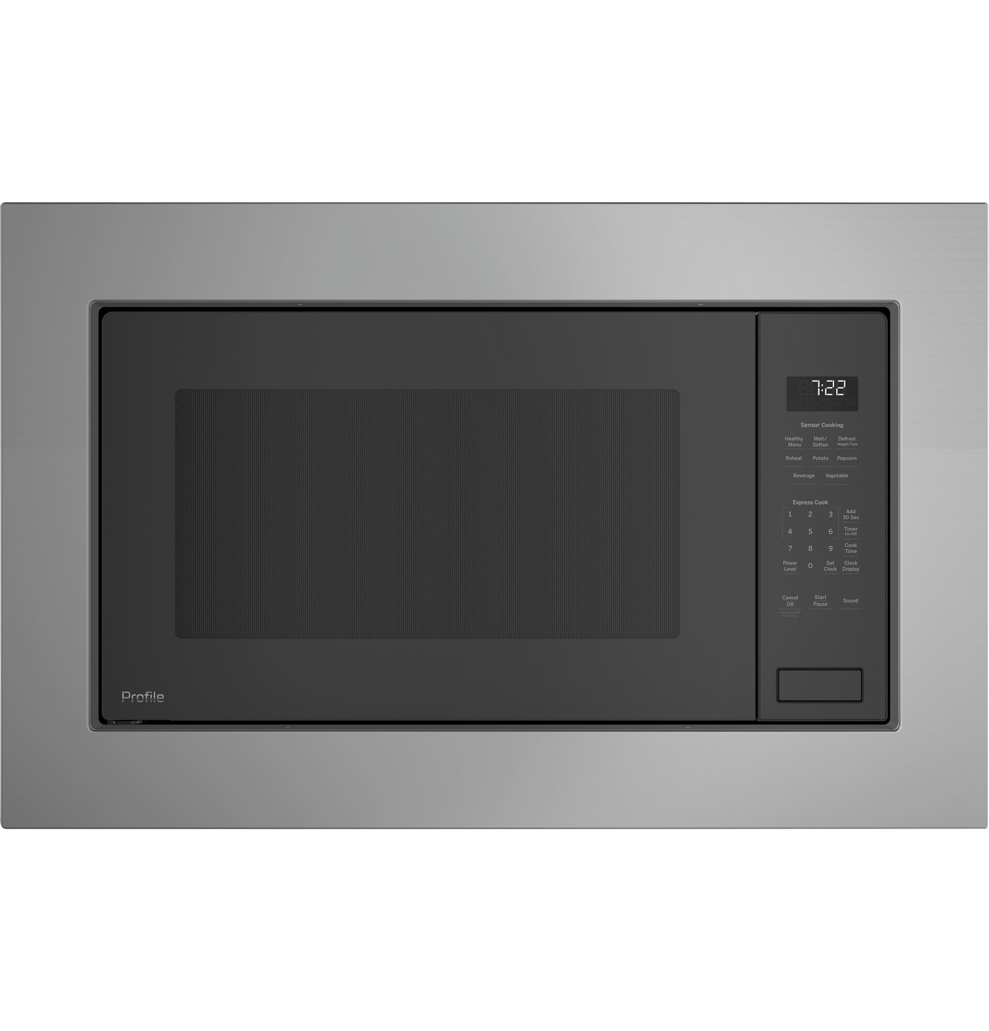 Built-in stainless steel trim kit framing a black microwave with digital controls in kitchenware and appliance parts collections