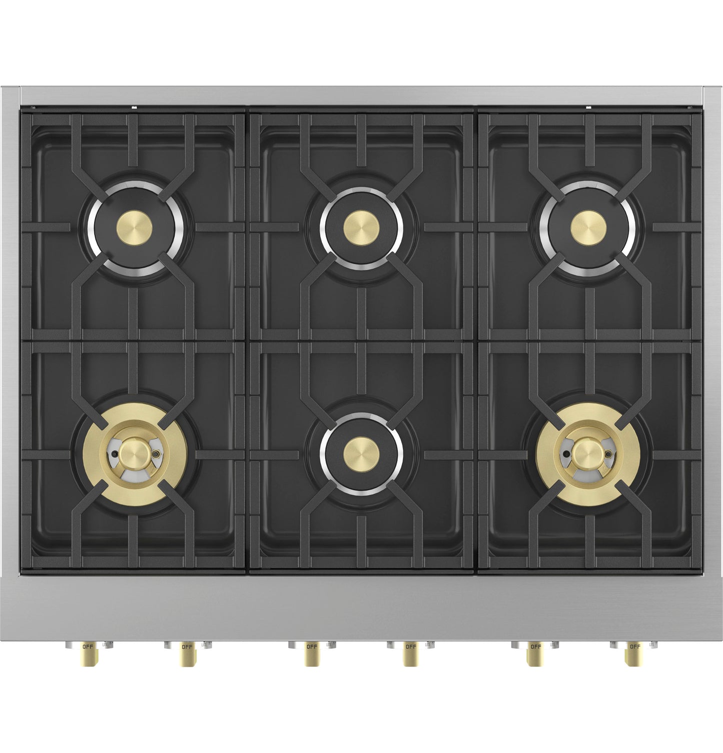 Top view of professional stainless steel gas rangetop with six burners and brass control knobs from Cooktops collection