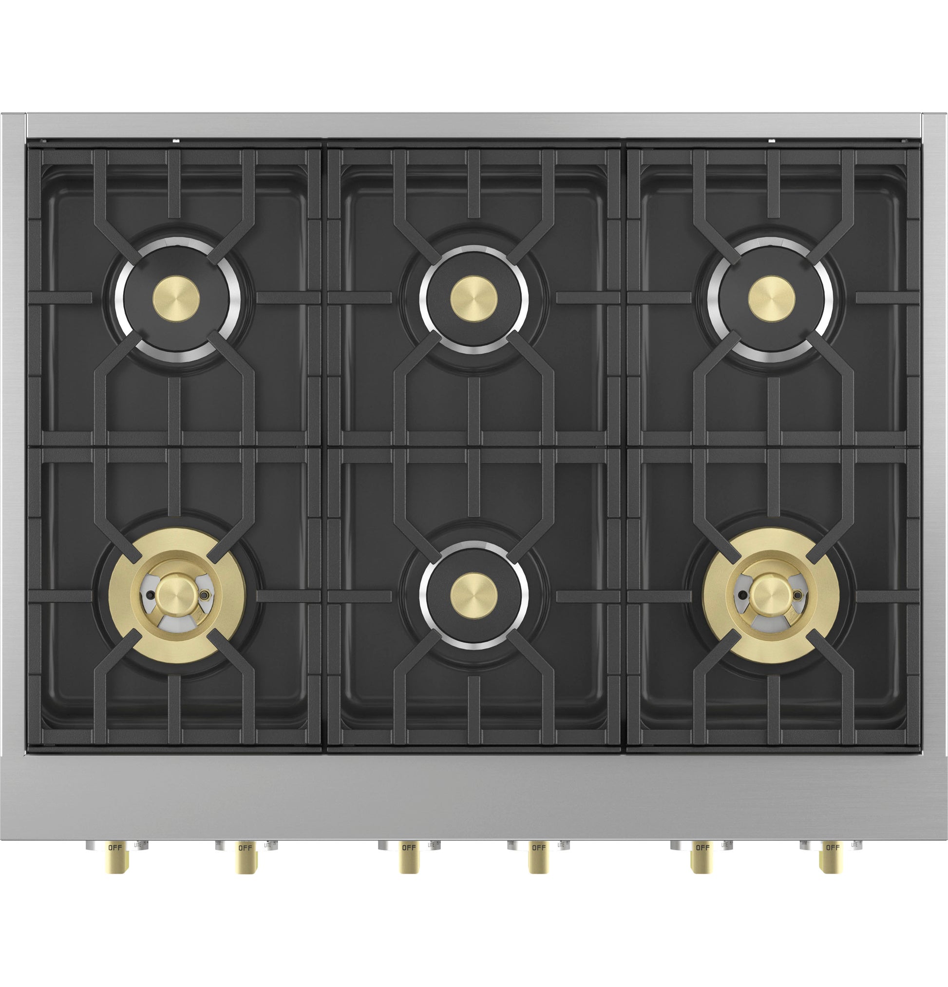 Top view of professional stainless steel gas rangetop with six burners and brass control knobs from Cooktops collection