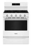 White 30-inch gas range with five burners, digital control panel, and large oven window for home use