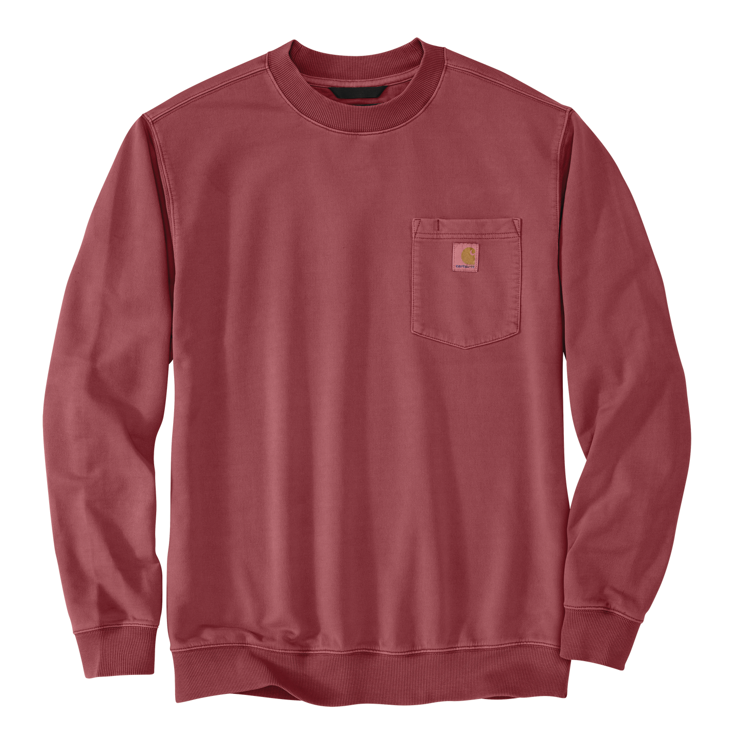 Men’s relaxed fit midweight French Terry crewneck sweatshirt in muted red with chest pocket and signature patch, designed for casual and workwear use.