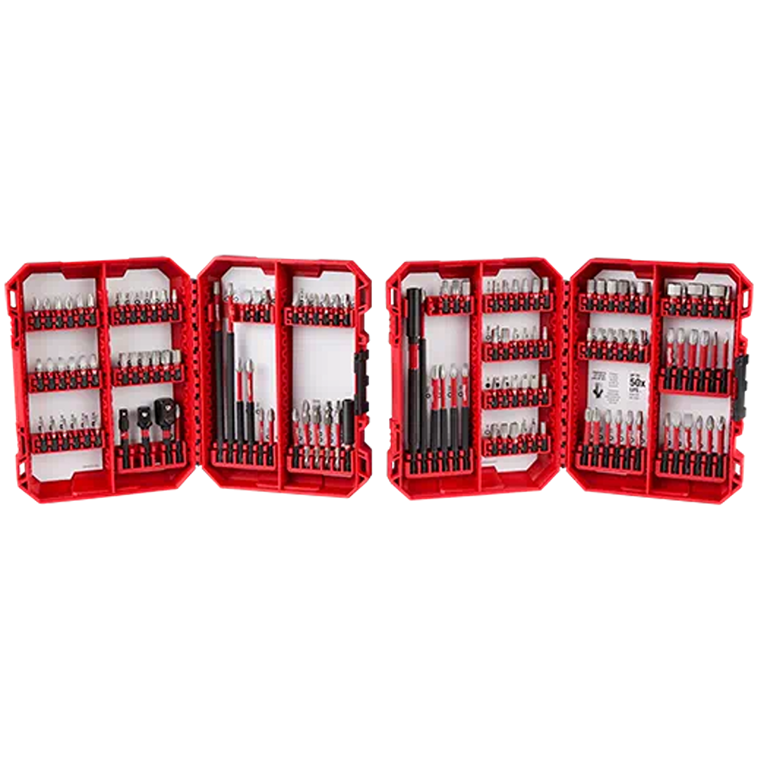 Red multi-compartment case with 124-piece driver bit set for power tool accessories and home improvement tasks