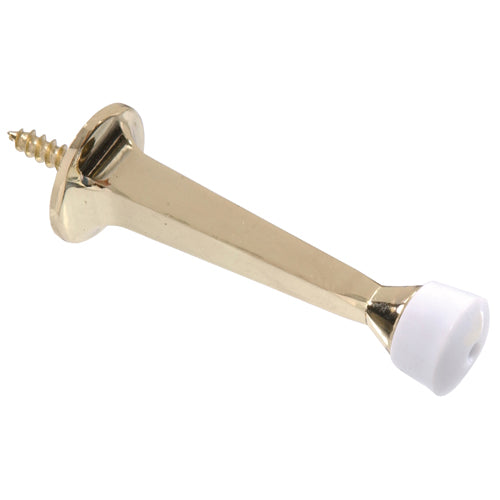 Brass rigid door stop with white bumper designed for door protection in home improvement collections