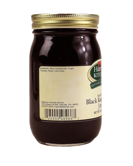 Jar of seedless black raspberry jam with label showing ingredients and Hartville Kitchen branding in jams and jellies collection