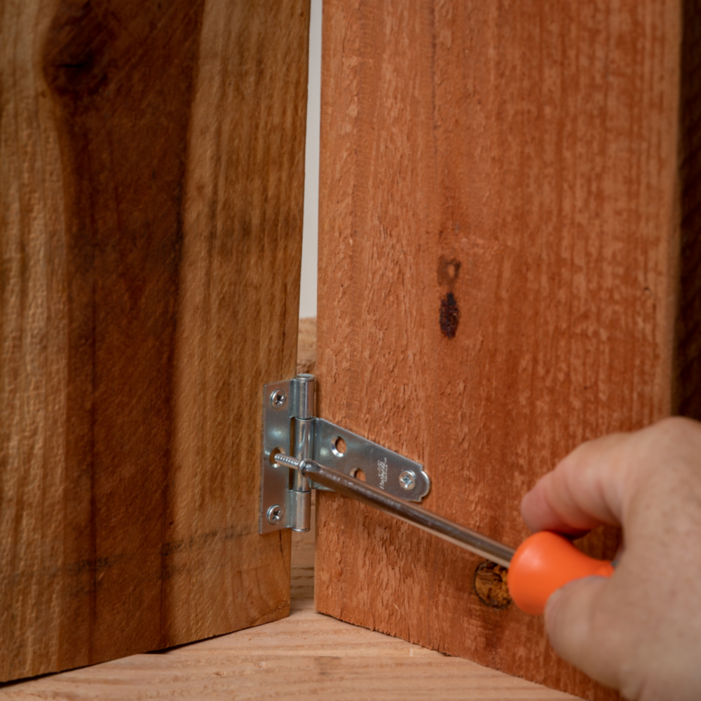 Hand tightening zinc-plated 2-inch light duty T-hinge on wooden door for home improvement hardware project