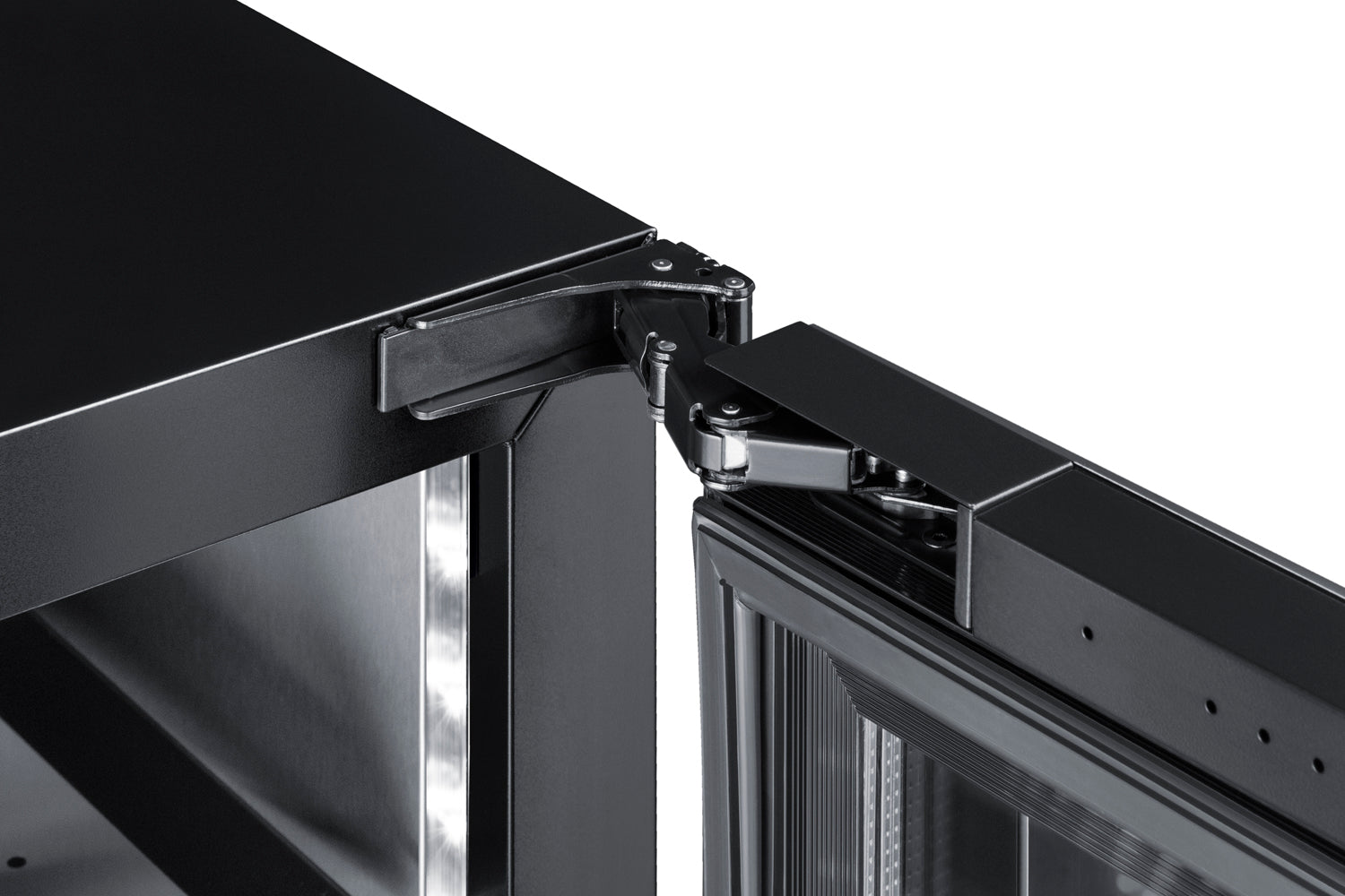 Detail of black hinge mechanism on built-in beverage center door in modern kitchen appliance setting