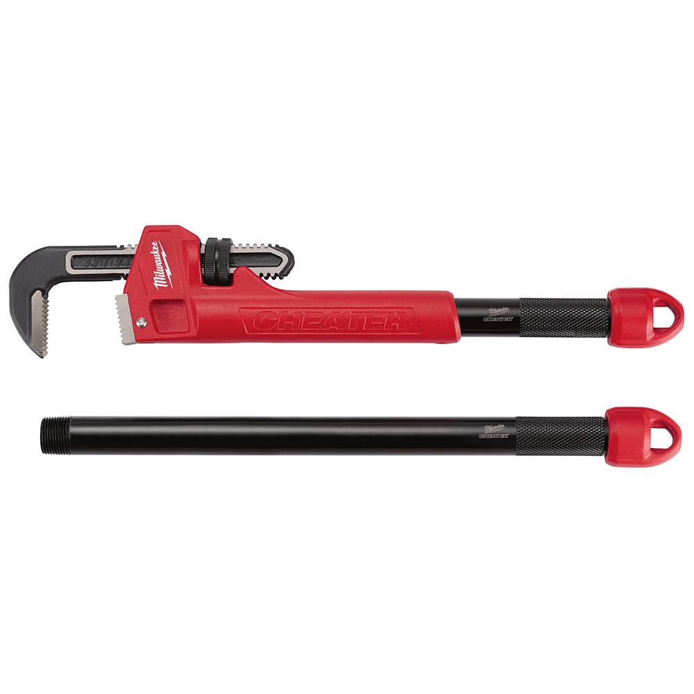 Red and black Milwaukee pipe wrench with detachable extension handle for home improvement and plumbing tasks
