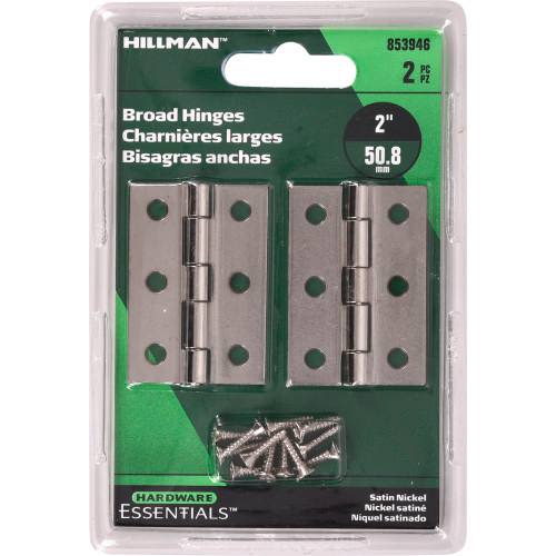 2-inch satin nickel broad hinges with screws included for hardware and furniture accessories in home improvement projects