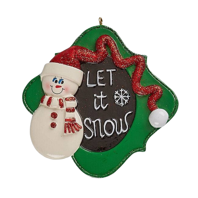 Festive snowman with red scarf and tall hat beside green plaque reading Let it Snow for Christmas decor under $50