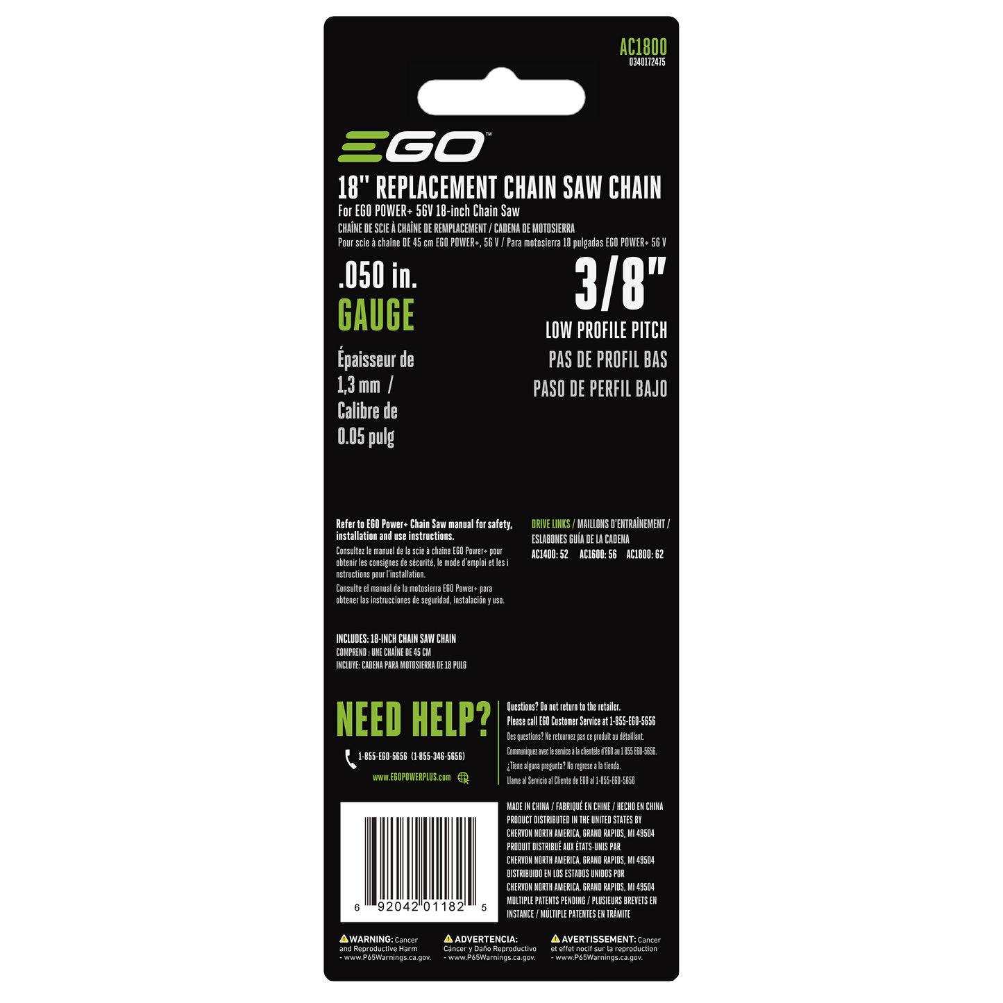 Black and green packaging of replacement chainsaw chain for power tool accessories with detailed product specifications and contact information.
