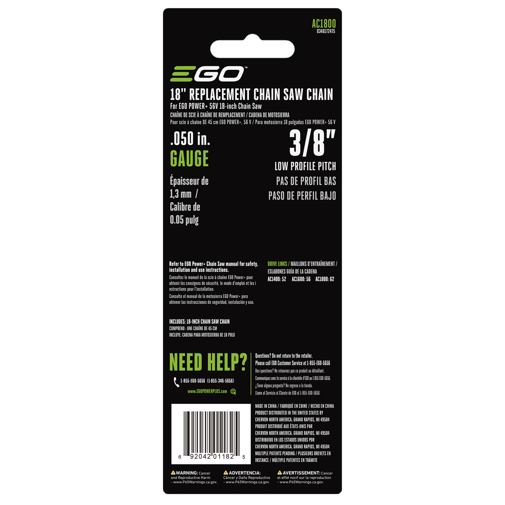 Black and green packaging of replacement chainsaw chain for power tool accessories with detailed product specifications and contact information.