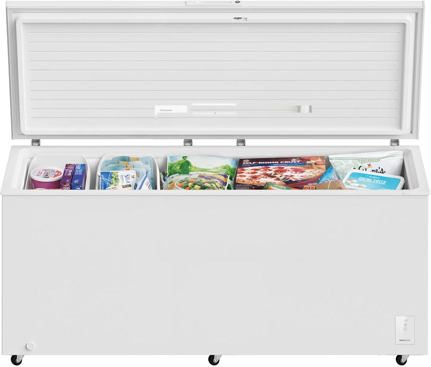 White chest freezer with open lid showing organized frozen food items and removable storage baskets, ideal for Freezers & Ice Makers and Chest Freezers collections