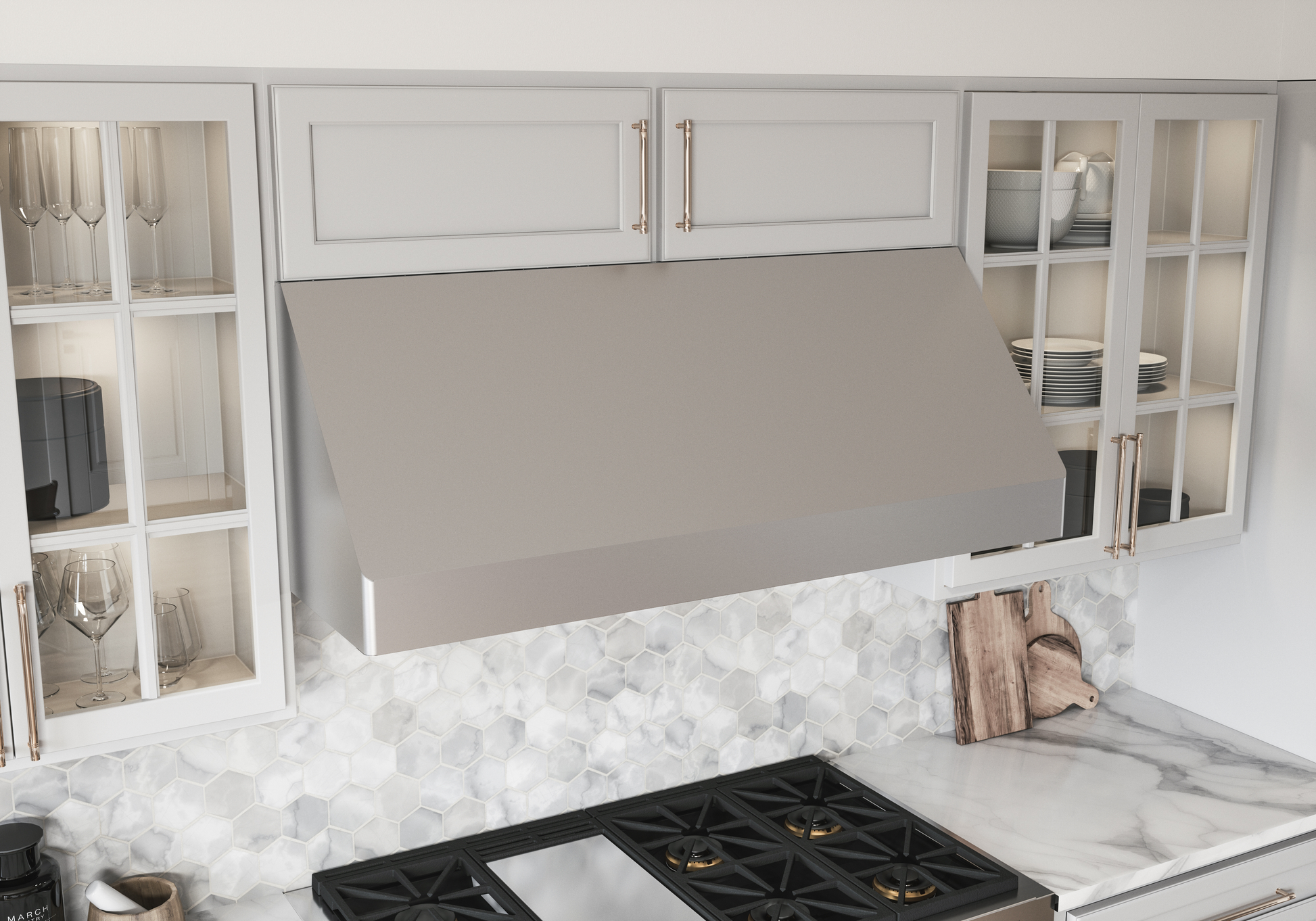 54-inch stainless steel canopy range hood installed above gas cooktop in modern kitchen appliances setting