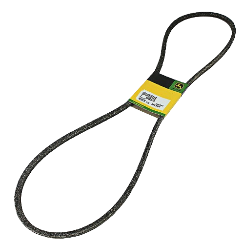 Black textured drive belt with yellow and green label for gardening tools and home improvement projects