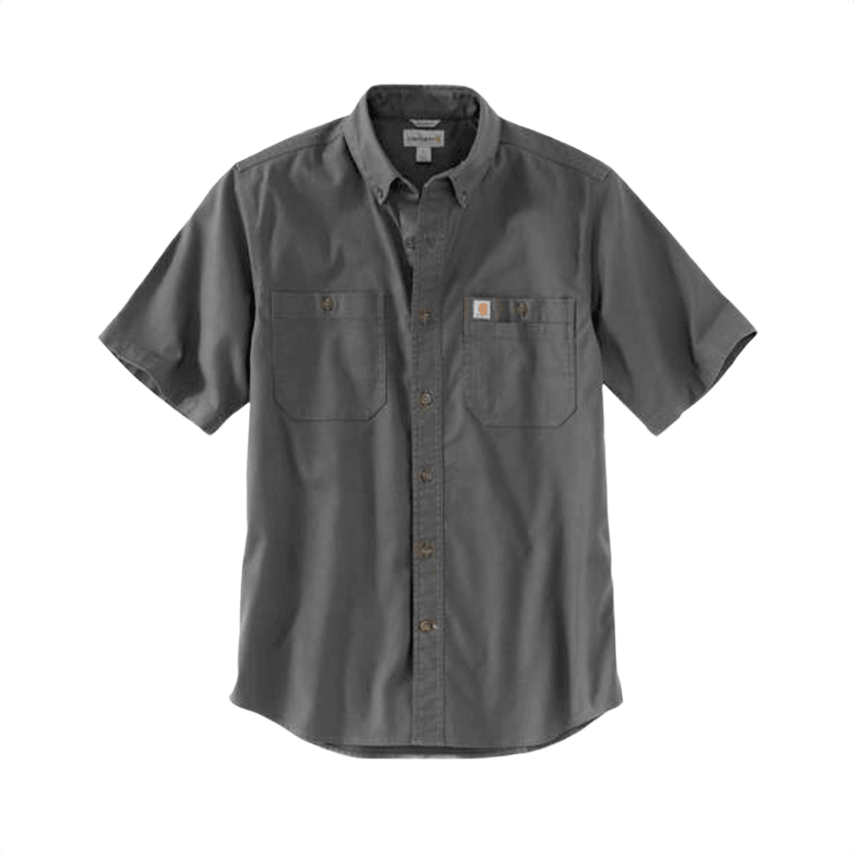Men’s short sleeve canvas shirt in gravel color with button-down front and dual chest pockets from Carhartt Rugged Flex collection