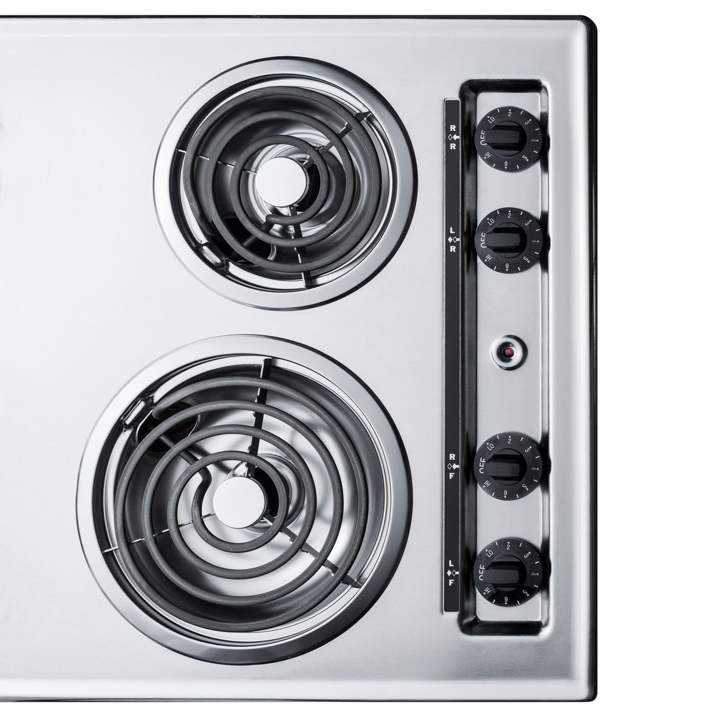 Top view of a stainless steel electric cooktop with four coil burners and four control knobs from kitchen appliances collection