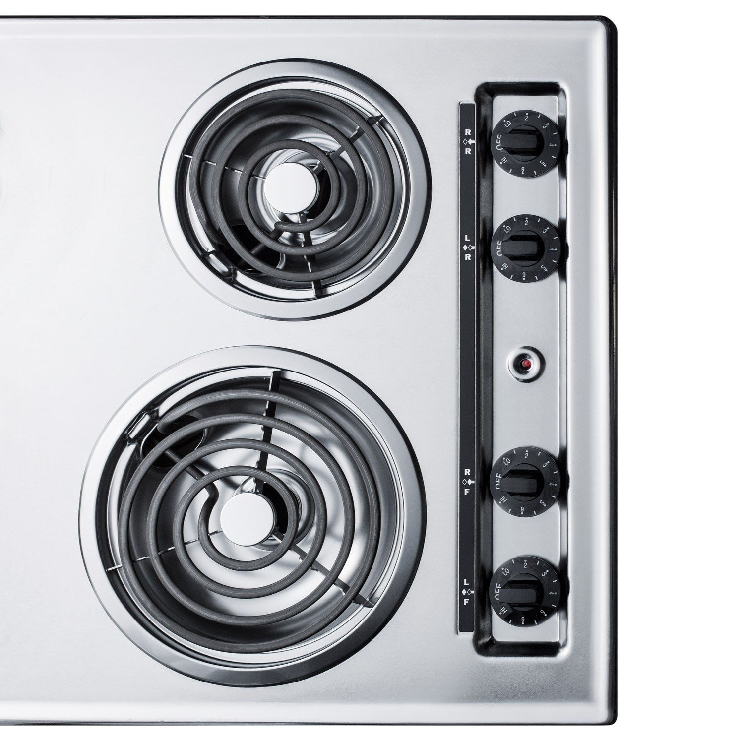 Top view of a stainless steel electric cooktop with four coil burners and four control knobs from kitchen appliances collection