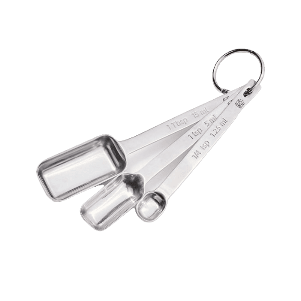 Set of three stainless steel measuring spoons with narrow profiles for baking in kitchen gadgets and tools collections