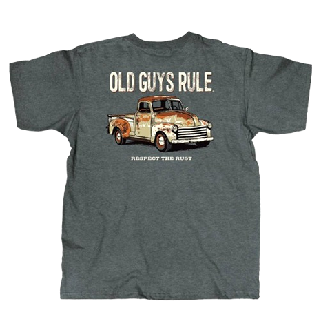 Gray men's shirt featuring a vintage rusty truck graphic with nostalgic text in casual clothing collections under $50