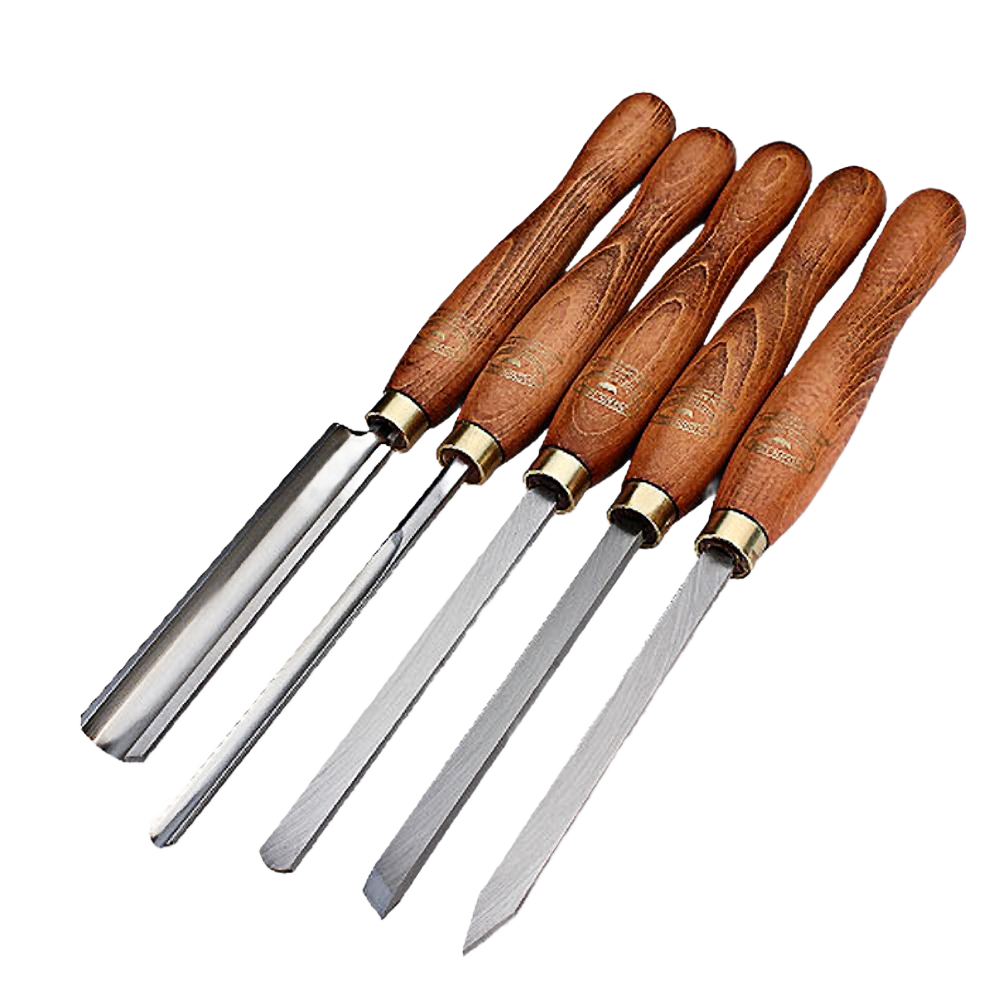 Set of five woodturning tools with polished high-speed steel blades and ergonomic wooden handles for woodworking projects